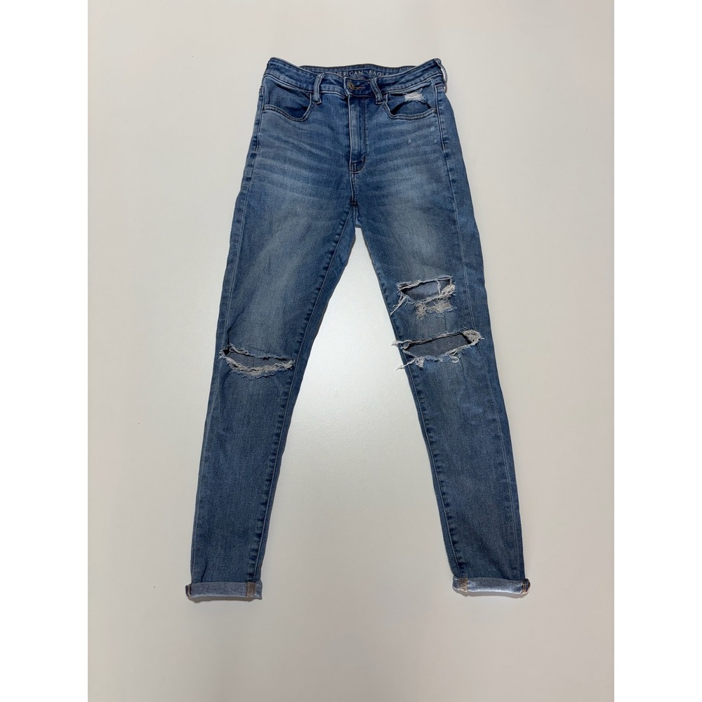 American Eagle Super High-Rise Jegging Blue Distressed Jeans Stretch size 6